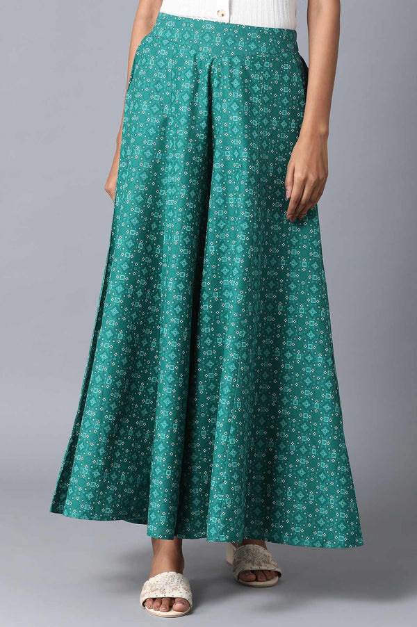 Teal Geometric Printed Flared Cotton Palazzo With Elasticated Waist