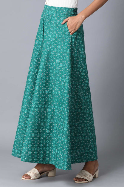 Teal Geometric Printed Flared Cotton Palazzo With Elasticated Waist