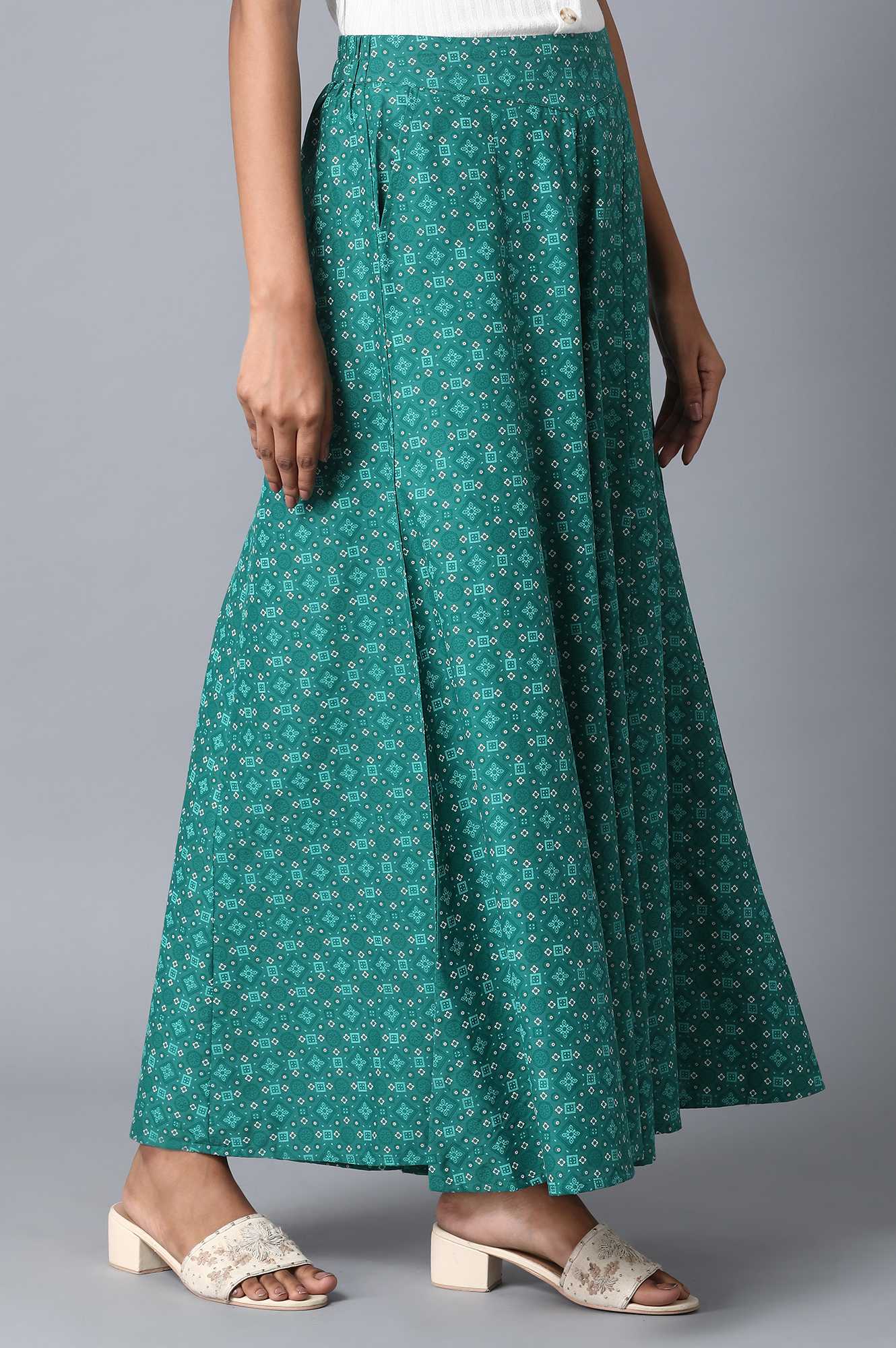 Teal Geometric Printed Flared Cotton Palazzo With Elasticated Waist