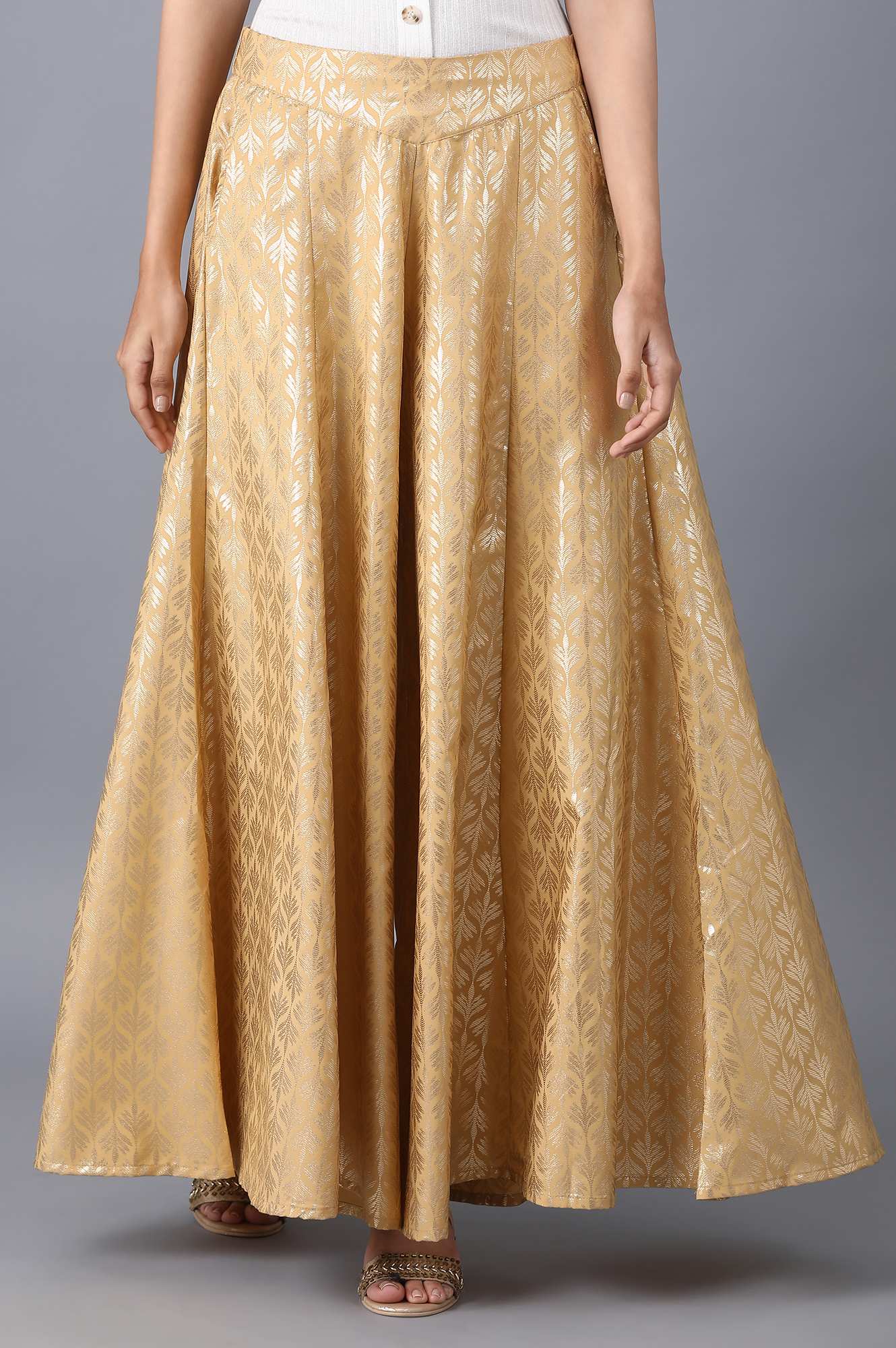 Gold Solid Flared Cotton Palazzo With Elasticated Waist