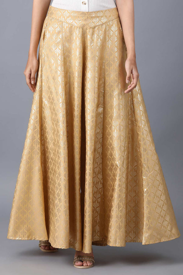 Gold Solid Flared Cotton Palazzo With Elasticated Waist