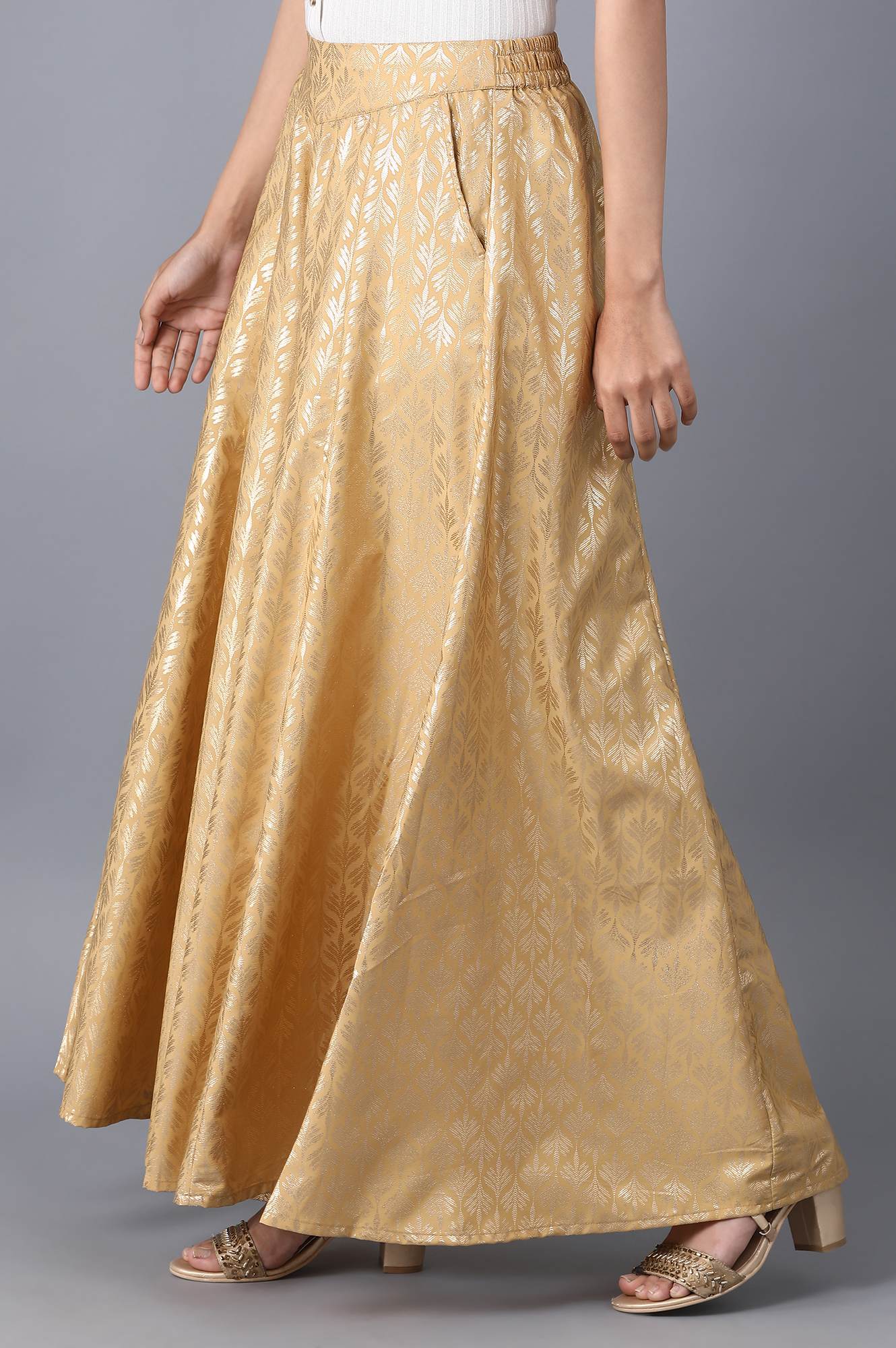 Gold Solid Flared Cotton Palazzo With Elasticated Waist