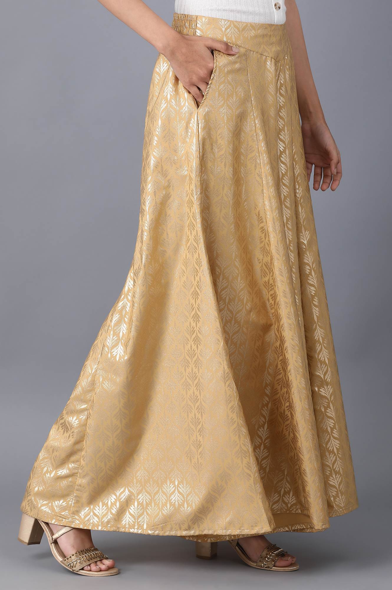 Gold Solid Flared Cotton Palazzo With Elasticated Waist