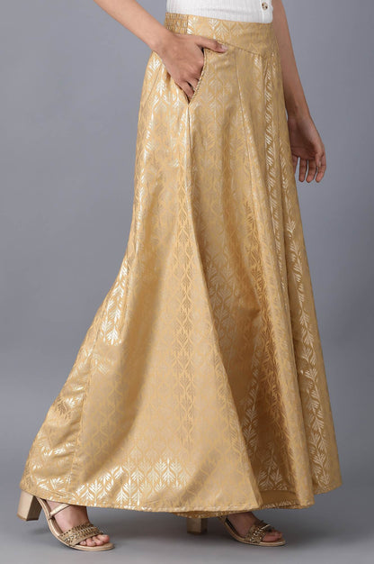 Gold Solid Flared Cotton Palazzo With Elasticated Waist