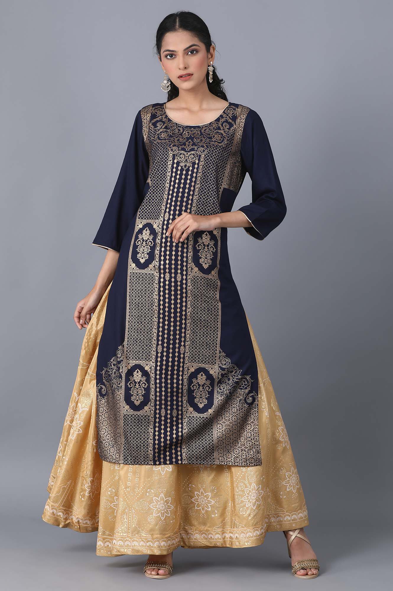 Gold Solid Flared Cotton Palazzo With Elasticated Waist