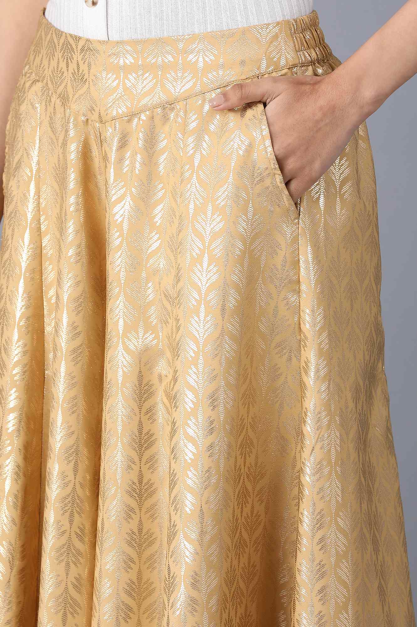 Gold Solid Flared Cotton Palazzo With Elasticated Waist