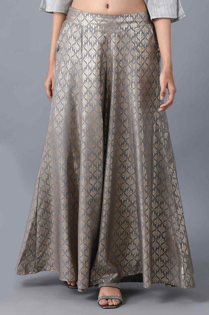 Silver Printed Flared Cotton Palazzo With Elasticated Waist