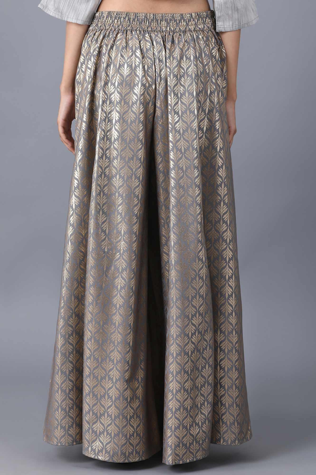 Silver Printed Flared Cotton Palazzo With Elasticated Waist