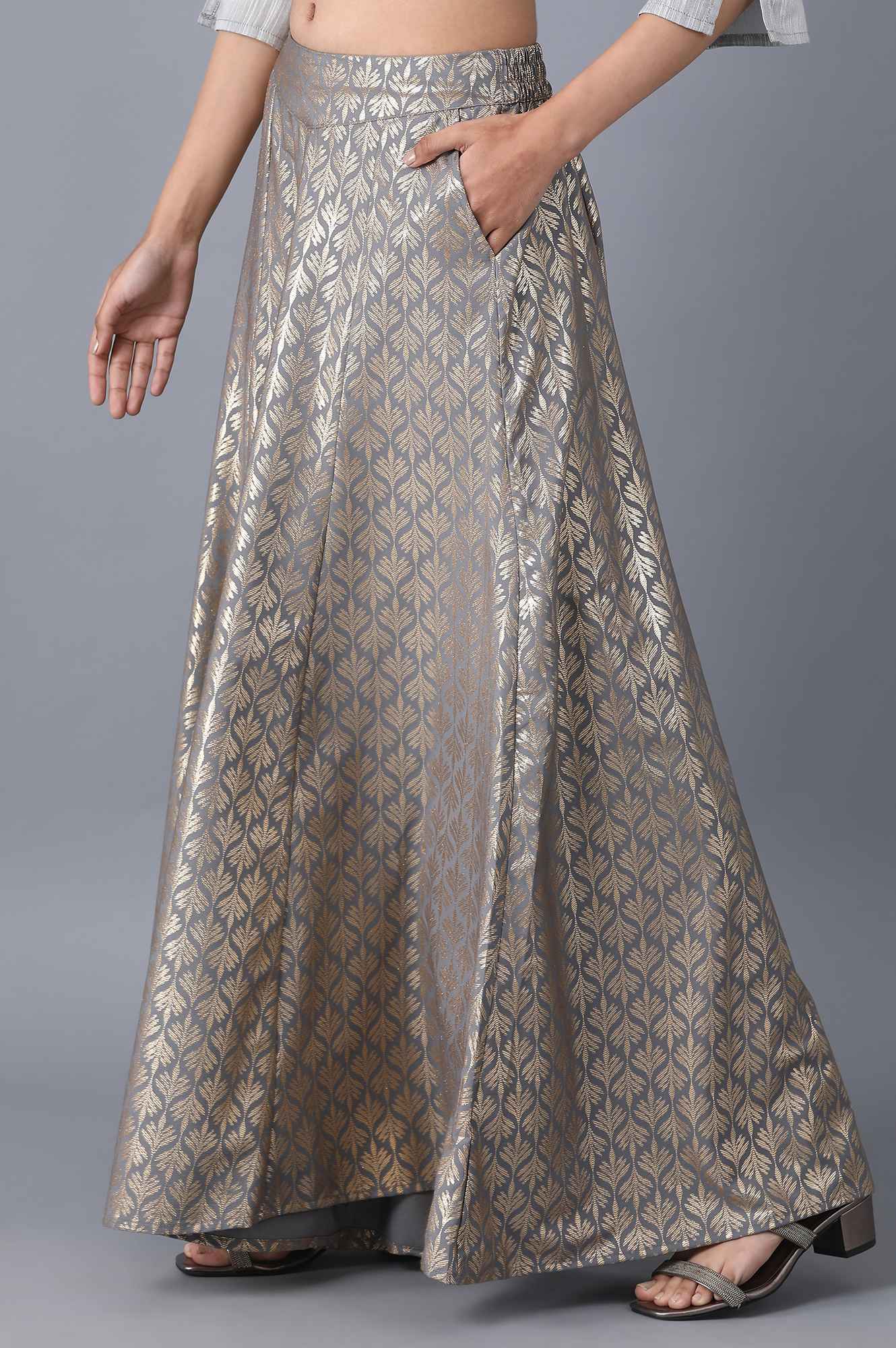 Silver Printed Flared Cotton Palazzo With Elasticated Waist