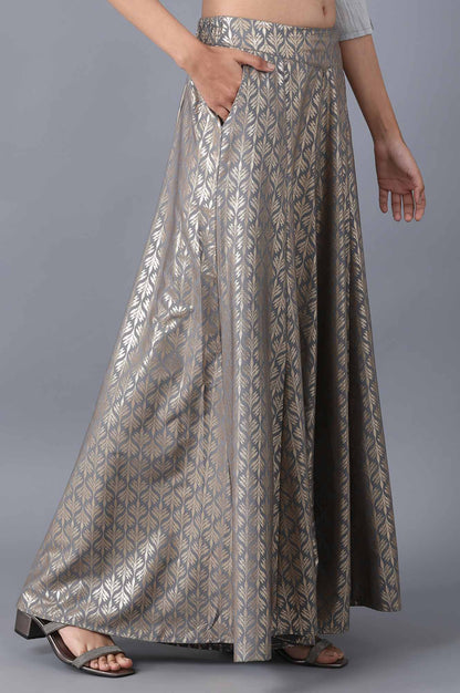 Silver Printed Flared Cotton Palazzo With Elasticated Waist