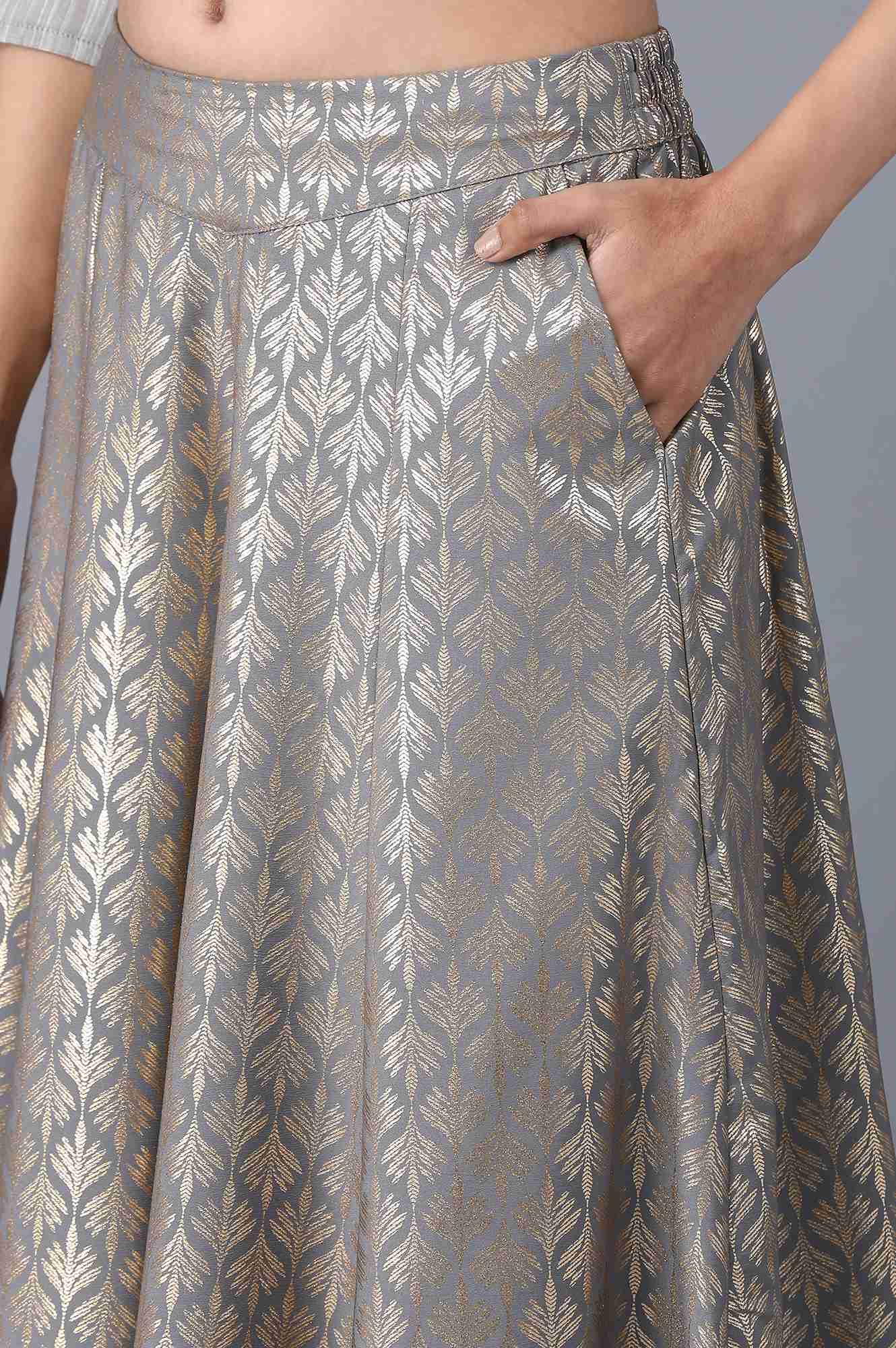 Silver Printed Flared Cotton Palazzo With Elasticated Waist