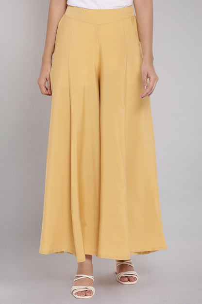 Gold Solid Flared Cotton Palazzo With Slip On Closure