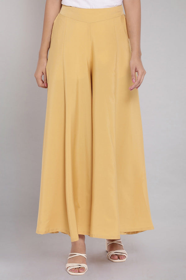 Gold Solid Flared Cotton Palazzo With Slip On Closure