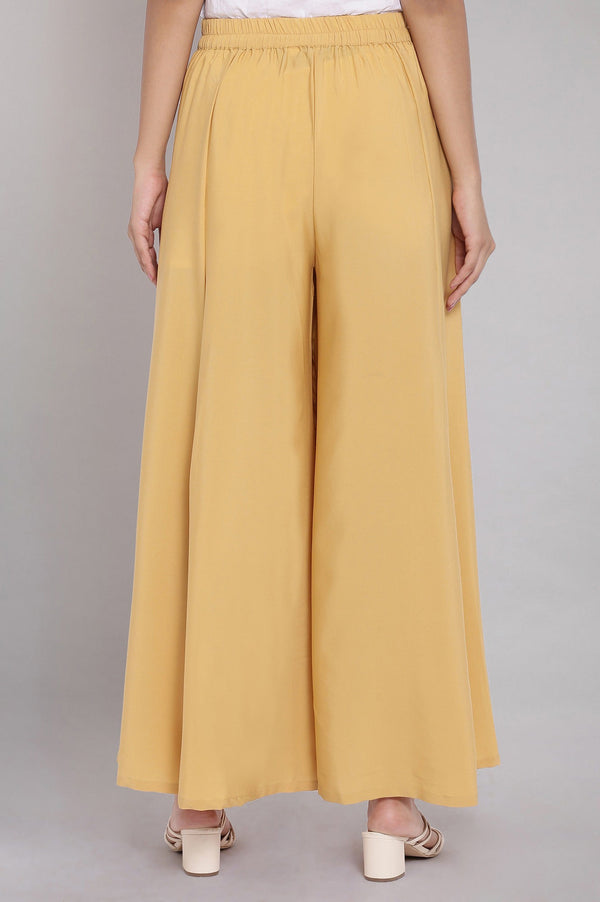 Gold Solid Flared Cotton Palazzo With Slip On Closure