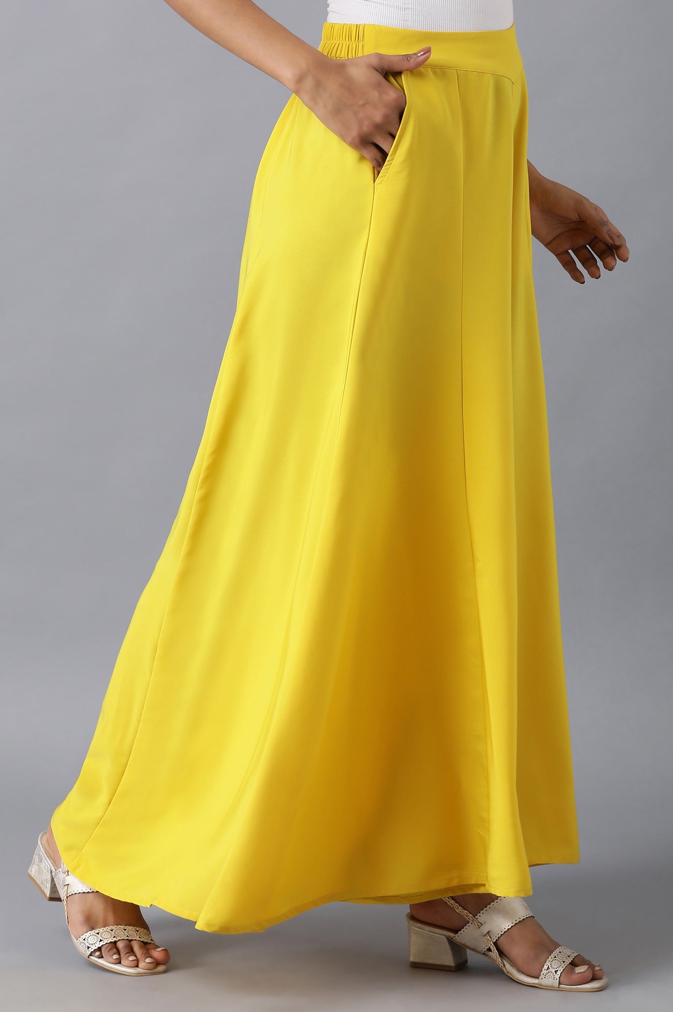 Yellow Solid Flared Woven Pants with Elasticated Waistband