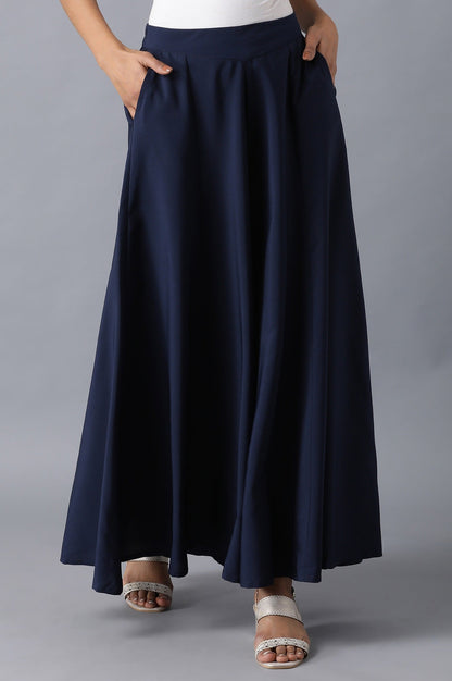 Navy Blue Solid Flared Cotton Palazzo With Slip On Closure