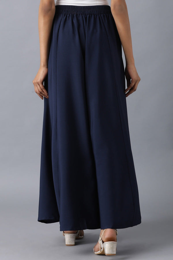 Navy Blue Solid Flared Cotton Palazzo With Slip On Closure
