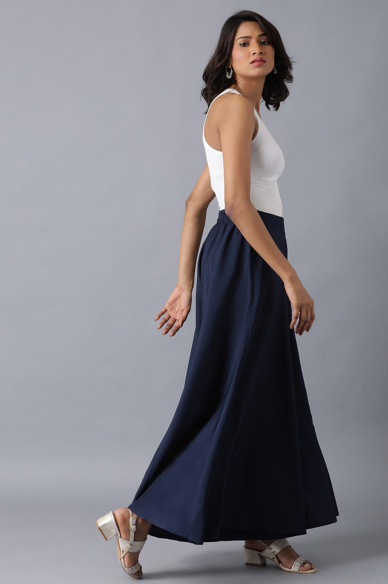 Navy Blue Solid Flared Cotton Palazzo With Slip On Closure