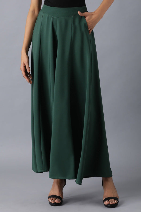 Muted Sage Green Solid Flared Cotton Palazzo With Slip On Closure