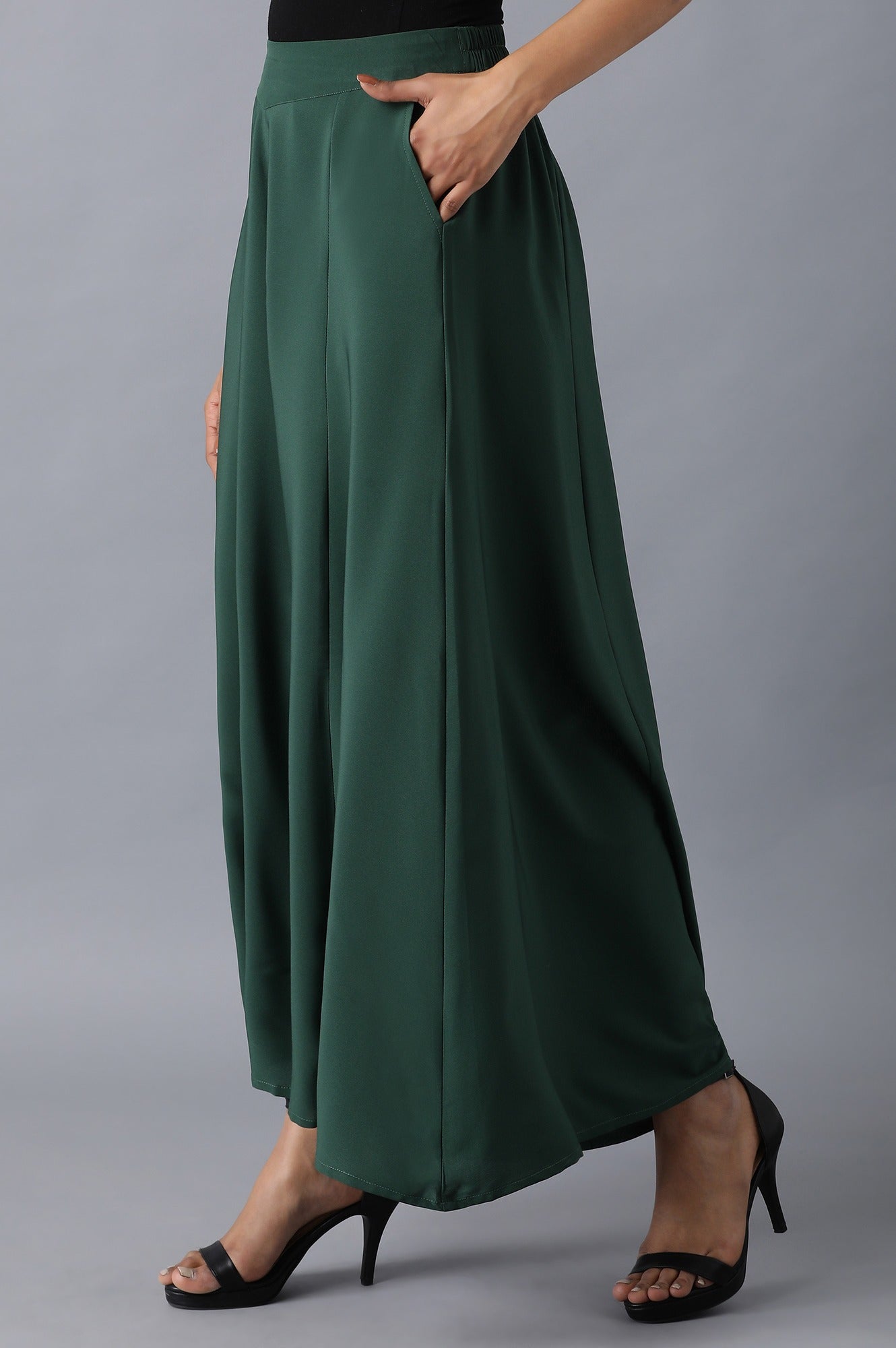 Muted Sage Green Solid Flared Cotton Palazzo With Slip On Closure