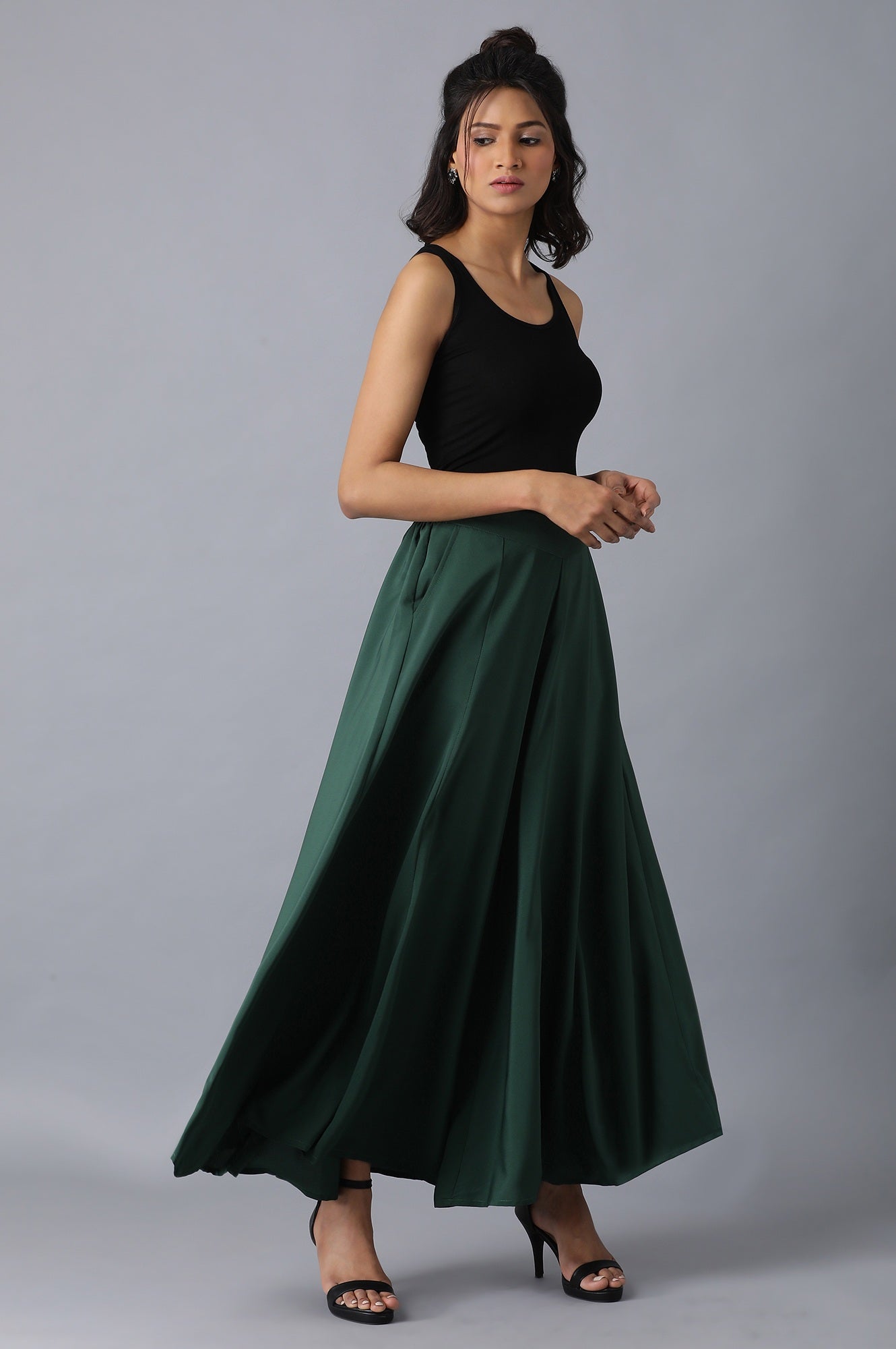 Muted Sage Green Solid Flared Cotton Palazzo With Slip On Closure