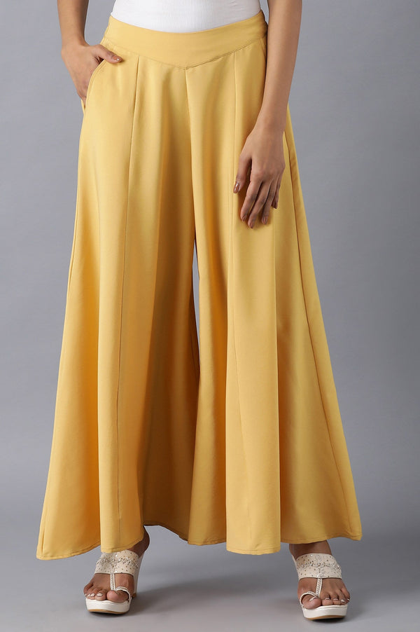 Yellow Solid Flared Cotton Palazzo With Slip On Closure