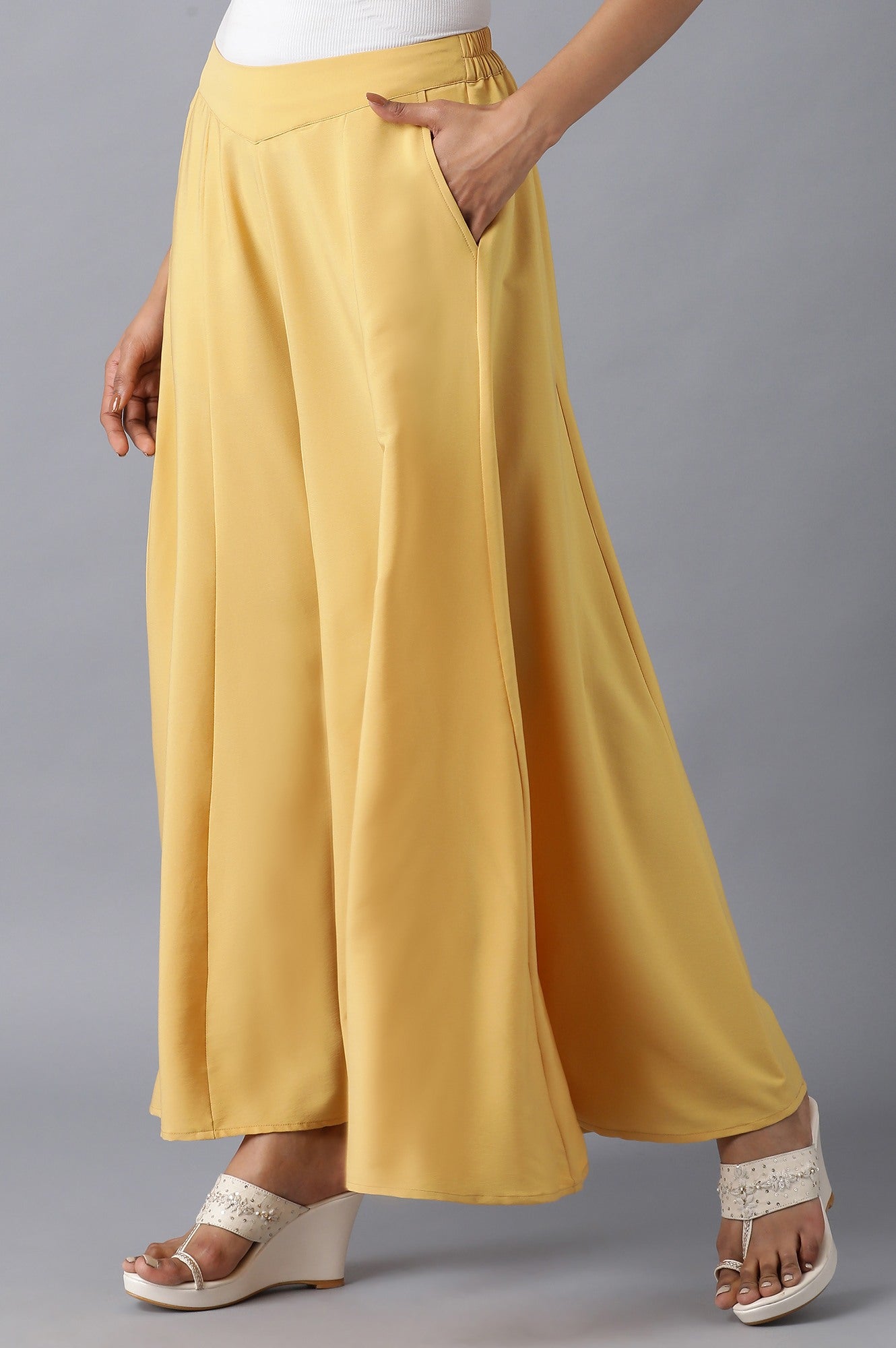 Yellow Solid Flared Cotton Palazzo With Slip On Closure