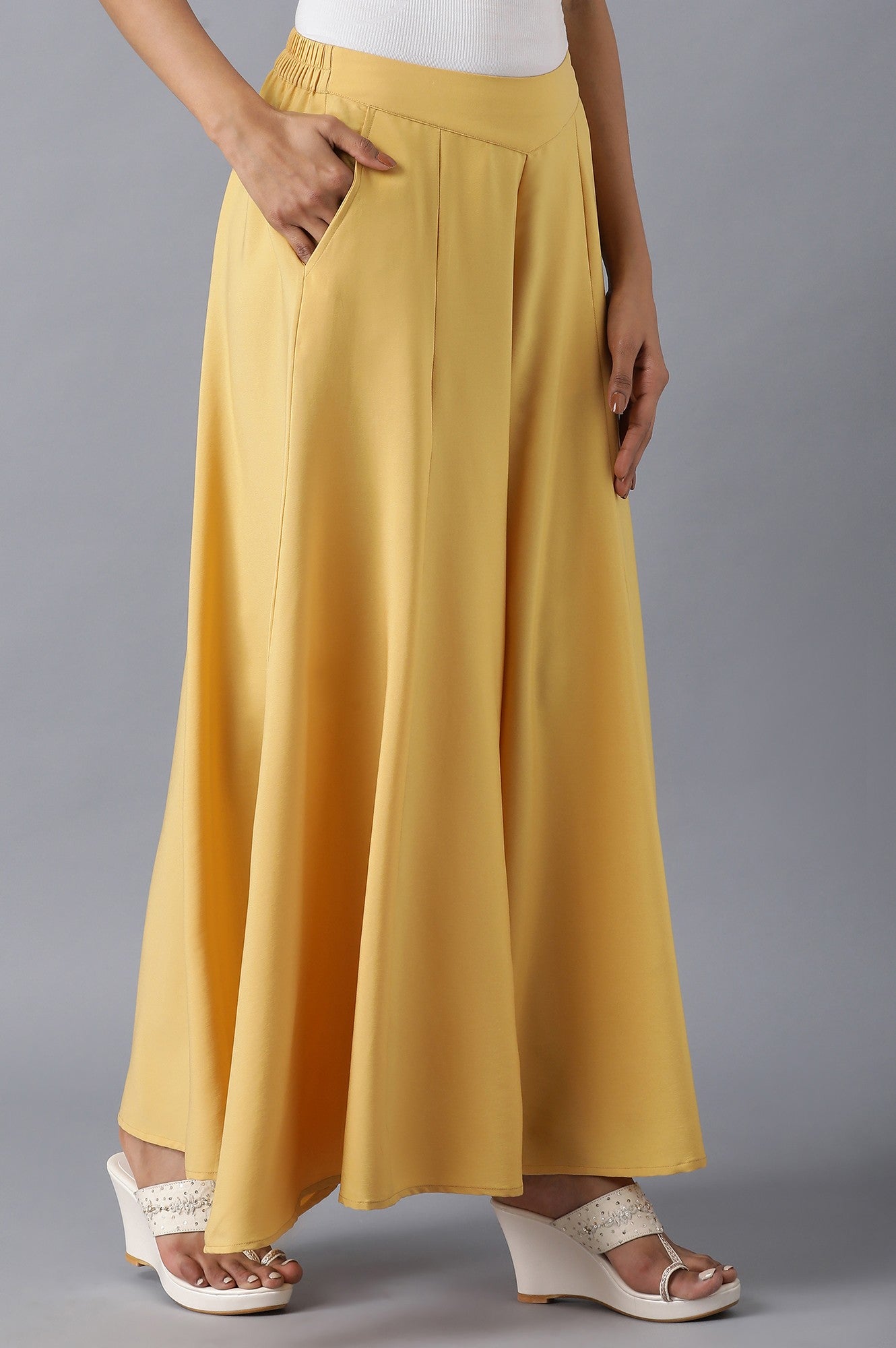 Yellow Solid Flared Cotton Palazzo With Slip On Closure