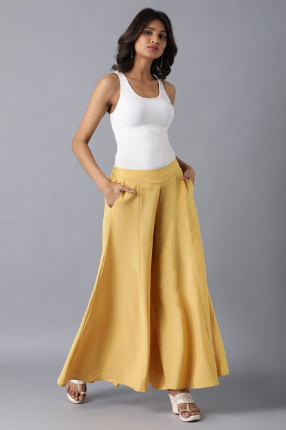 Yellow Solid Flared Cotton Palazzo With Slip On Closure