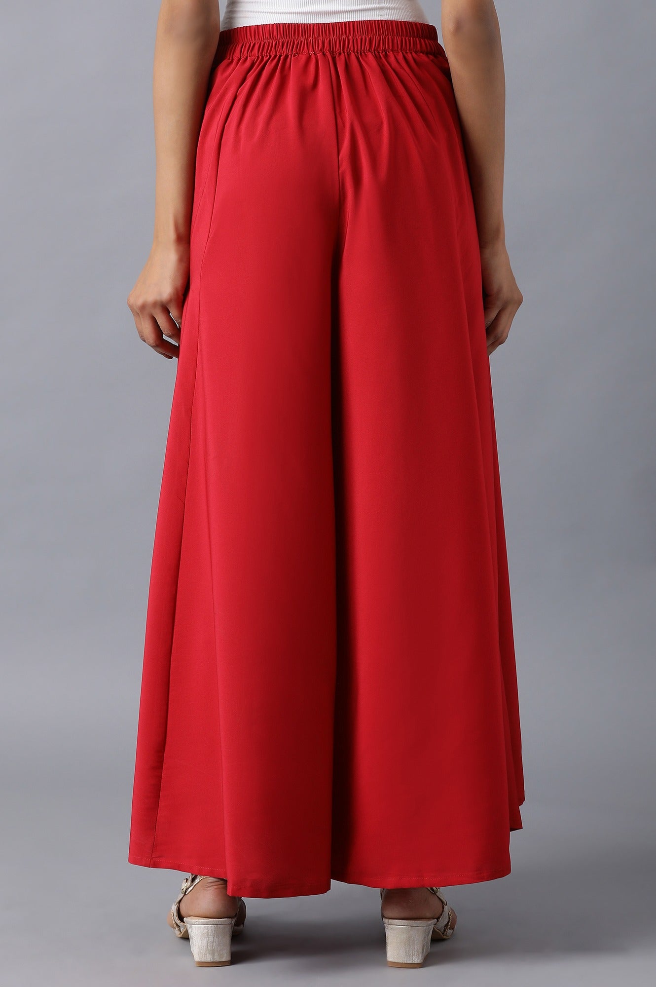 Red Solid Flared Cotton Palazzo With Slip On Closure