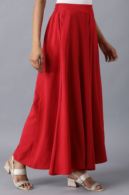 Red Solid Flared Cotton Palazzo With Slip On Closure