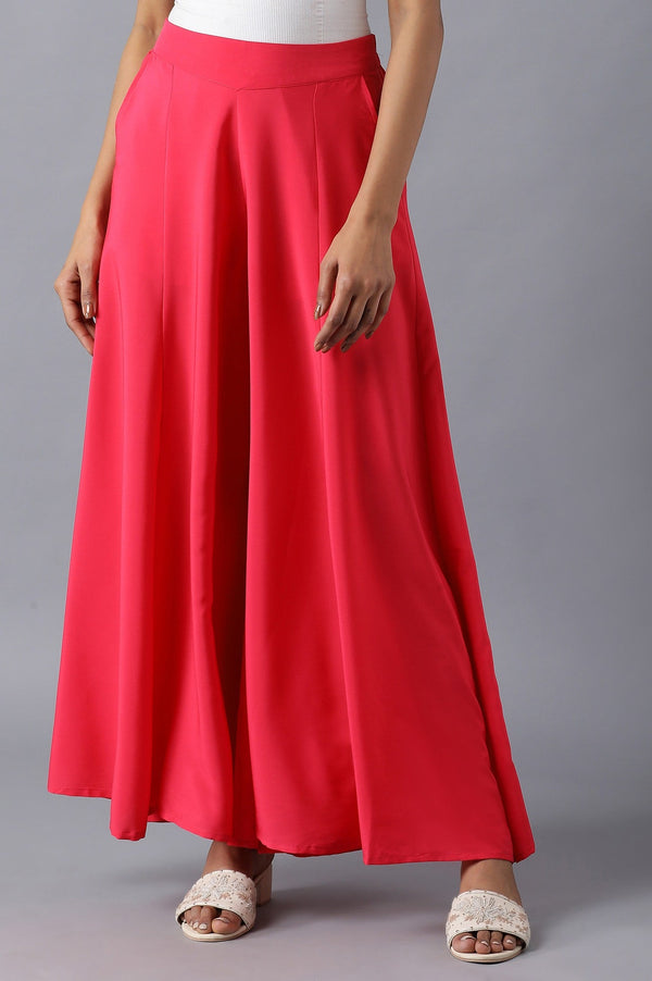 Red Solid Flared Cotton Palazzo With Slip On Closure