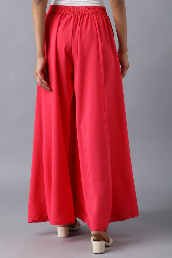 Red Solid Flared Cotton Palazzo With Slip On Closure