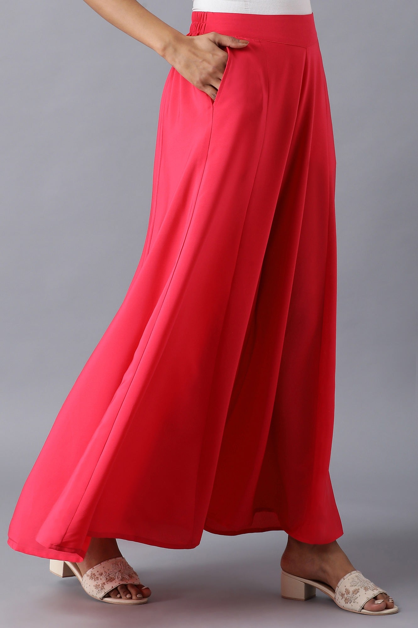 Red Solid Flared Cotton Palazzo With Slip On Closure