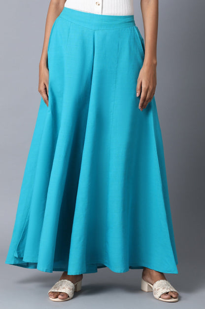 Blue Solid Flared Cotton Palazzo With Elasticated Waist