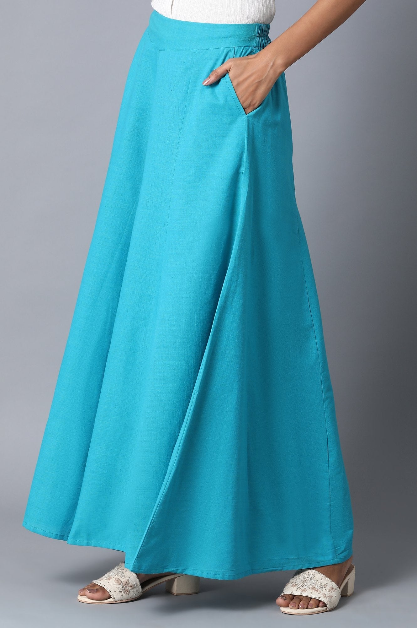 Blue Solid Flared Cotton Palazzo With Elasticated Waist