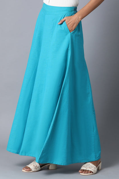 Blue Solid Flared Cotton Palazzo With Elasticated Waist