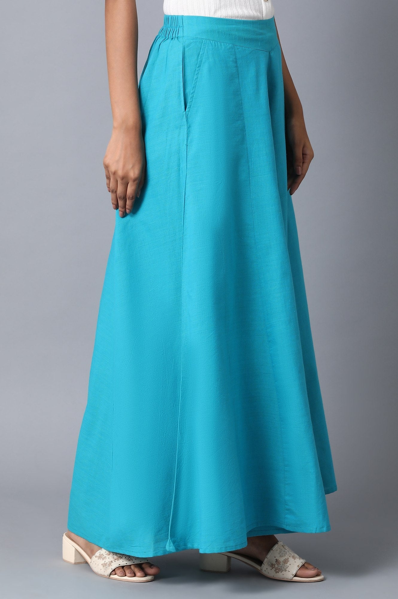 Blue Solid Flared Cotton Palazzo With Elasticated Waist
