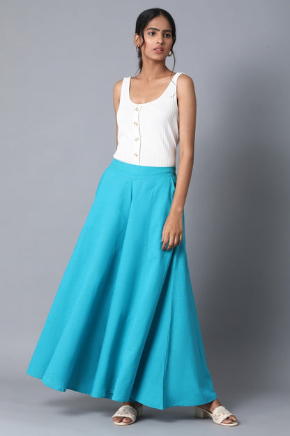 Blue Solid Flared Cotton Palazzo With Elasticated Waist