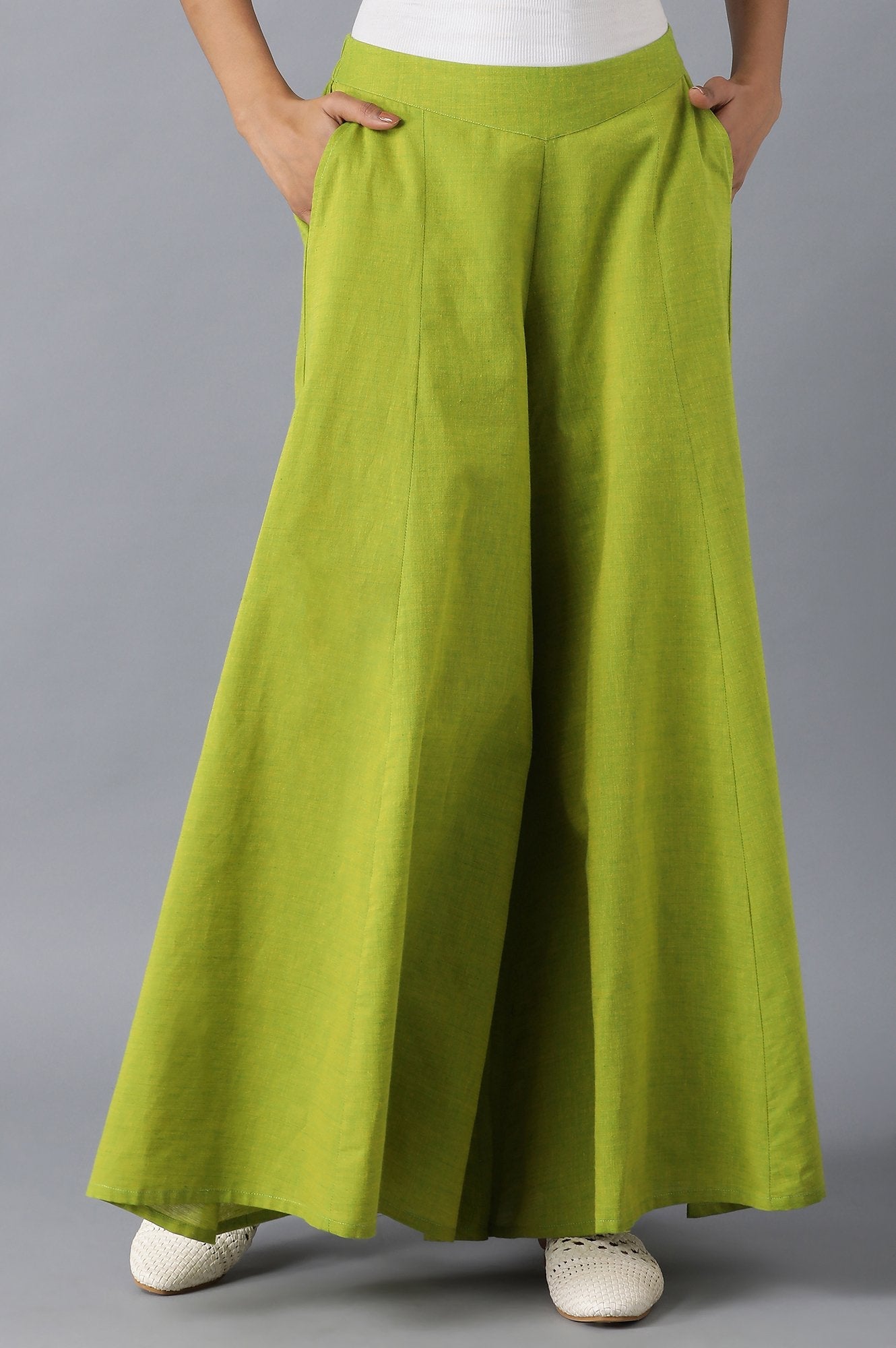 Muted Sage Green Solid Flared Cotton Palazzo With Elasticated Waistband