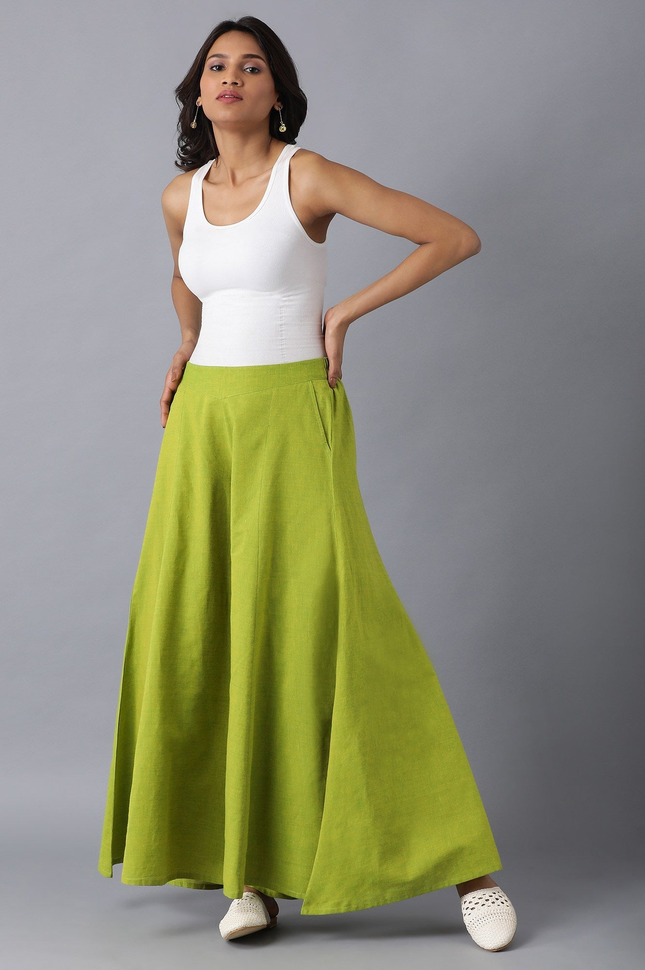 Muted Sage Green Solid Flared Cotton Palazzo With Elasticated Waistband