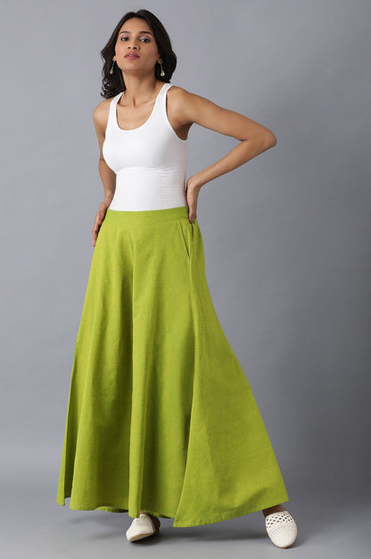 Muted Sage Green Solid Flared Cotton Palazzo With Elasticated Waistband