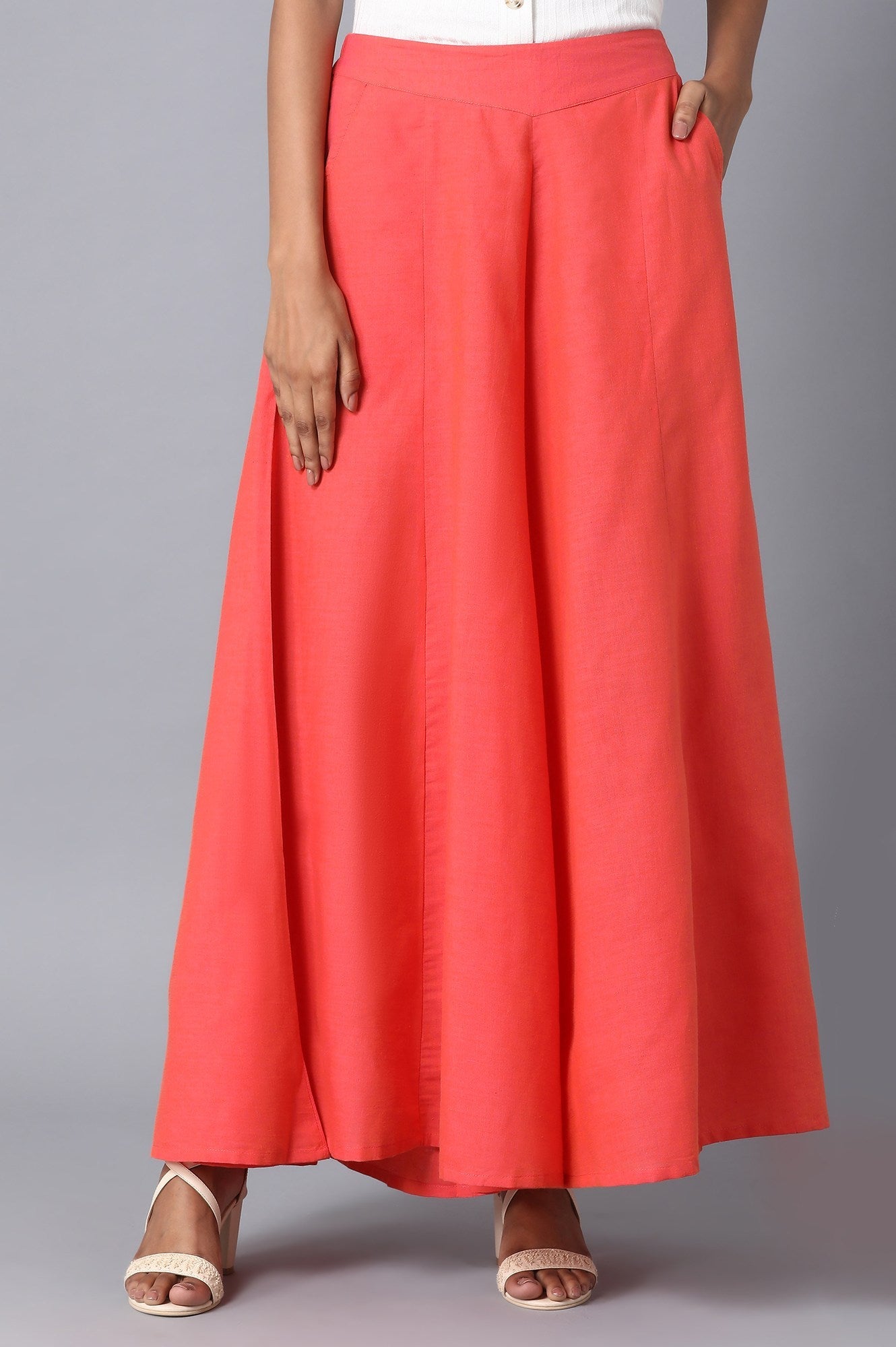 Coral Solid Flared Cotton Palazzo With Elasticated Waistband
