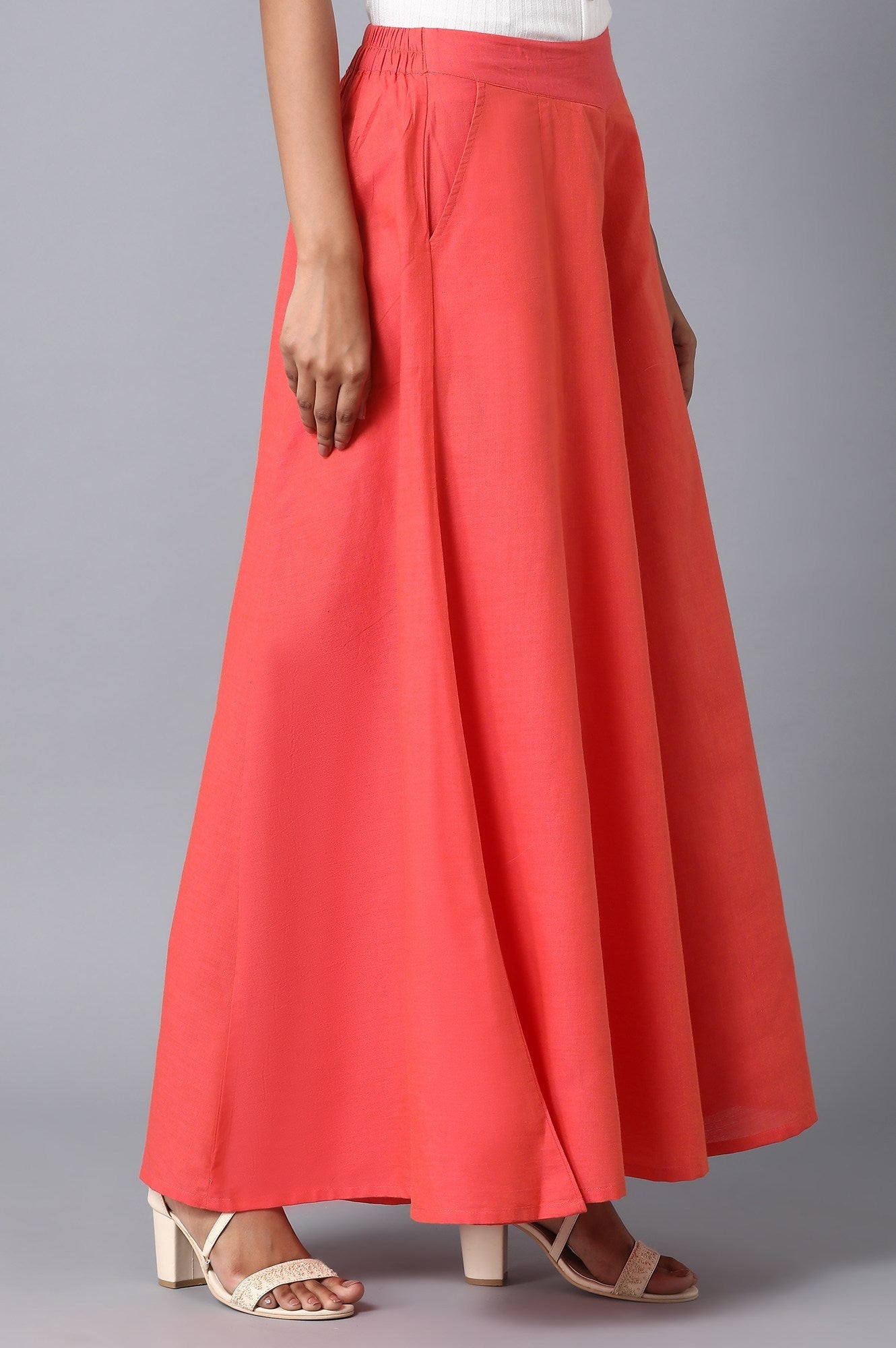 Coral Solid Flared Cotton Palazzo With Elasticated Waistband
