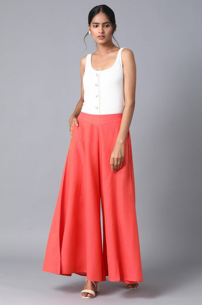 Coral Solid Flared Cotton Palazzo With Elasticated Waistband