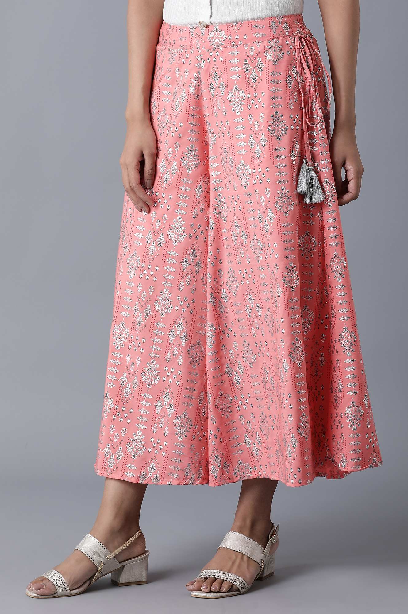 Pink Floral Printed Flared Cotton Palazzo With Elasticated Waistband
