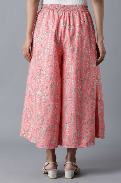 Pink Floral Printed Flared Cotton Palazzo With Elasticated Waistband