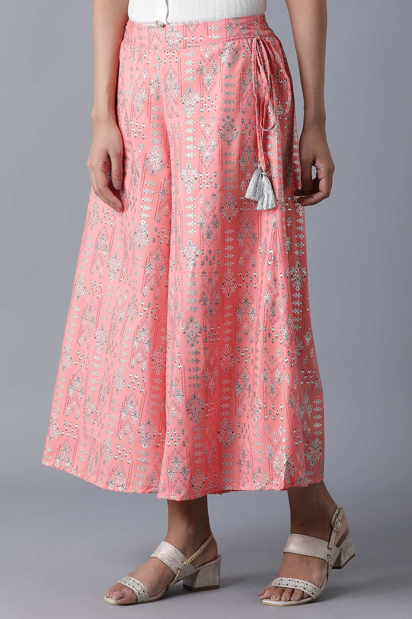 Pink Floral Printed Flared Cotton Palazzo With Elasticated Waistband