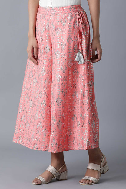 Pink Floral Printed Flared Cotton Palazzo With Elasticated Waistband