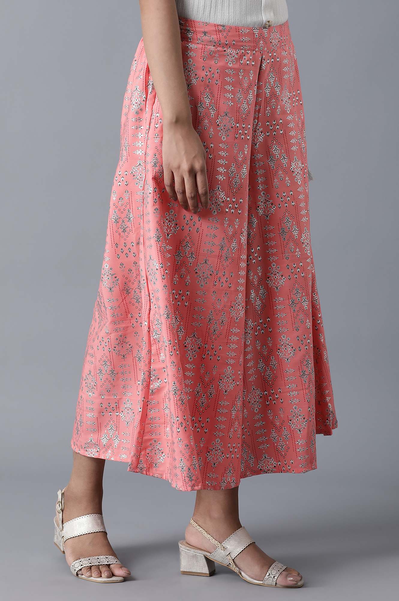 Pink Floral Printed Flared Cotton Palazzo With Elasticated Waistband